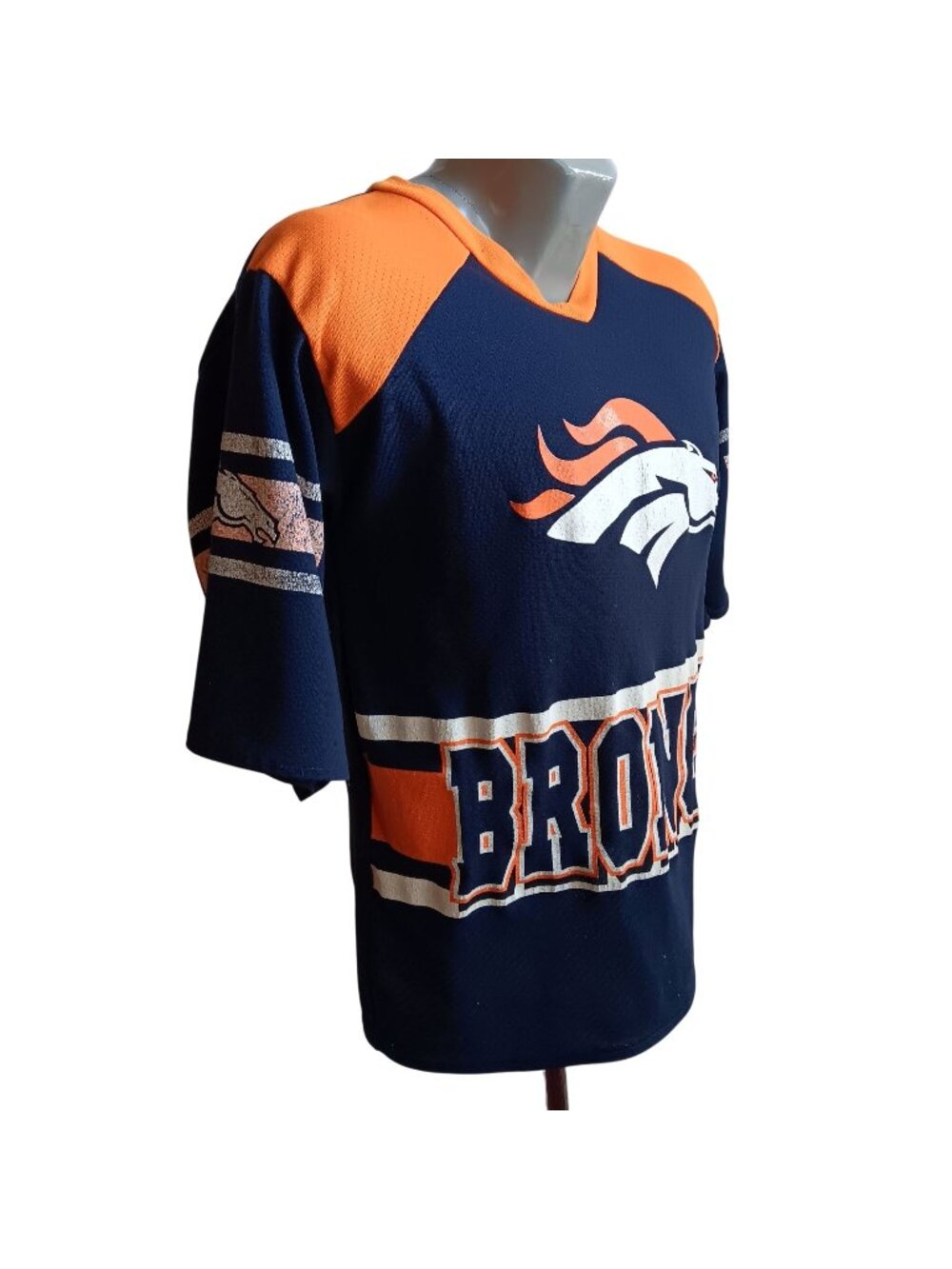 Vtg 90's Denver Broncos Jersey V-Neck Fan T-Shirt By Team Glasgow AOP Colorblock